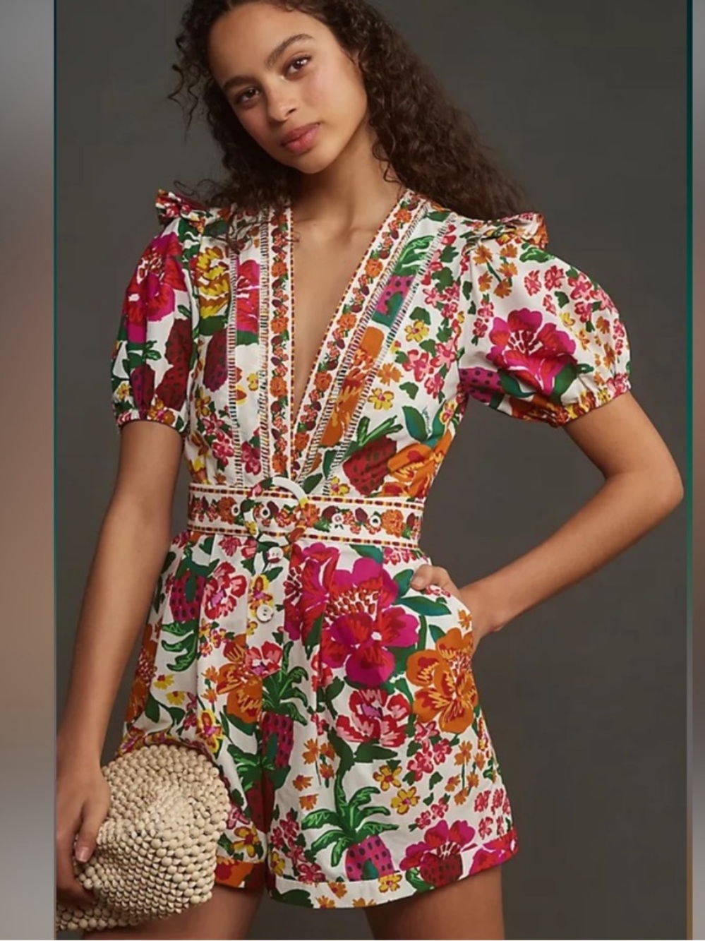 NWT !! FARM Rio Floral Puff-Sleeve - FLOWERFUL SKETCH OFF WHITE MSRP $200